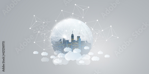 Blue, Grey and White Smart City, Cloud Computing Design Concept with Transparent Globe and Cityscape , Tall Buildings, Skyscrapers Inside - Digital Polygonal Network Connections, Technology Background