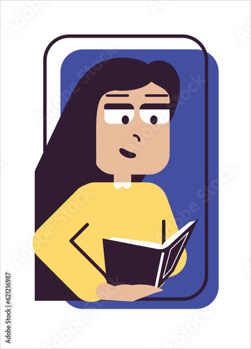 The woman reads at her leisure. Search for the required information. Pesonage in flat geometric style. Knowledge, learning and education concept design. Hobby of an inquisitive person.