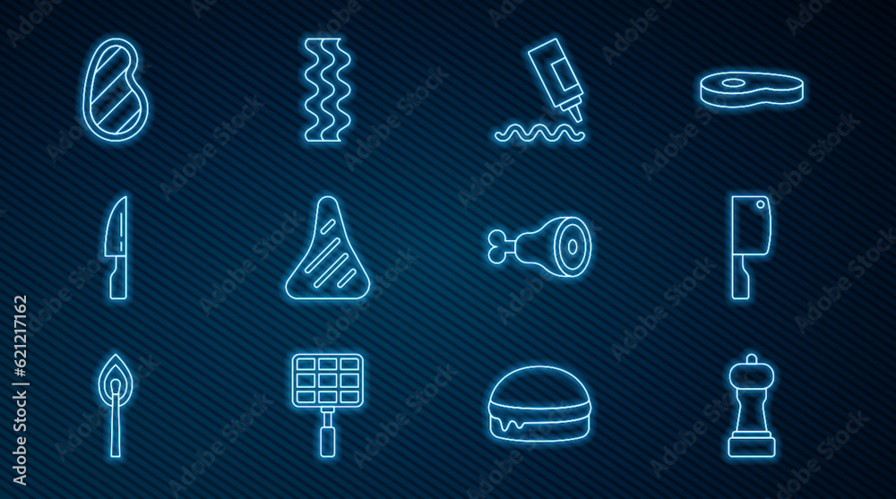 Set line Pepper, Meat chopper, Sauce bottle, Steak meat, Barbecue knife, Chicken leg and Bacon stripe icon. Vector Set line Pepper, Meat chopper, Sauce bottle, Steak meat, Barbecue knife, Chicken leg and Bacon stripe icon. Vector