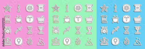Set line Magic powder, Medieval goblet, Mortar and pestle, Pentagram in circle, Witch cauldron, Decree, parchment, scroll, and Aries zodiac icon. Vector