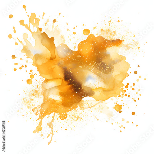 Watercolor gold splash, glitters, isolated on white, splatter stain gold glitters