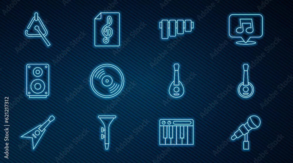 Set line Microphone, Banjo, Pan flute, Vinyl disk, Stereo speaker, Triangle, Guitar and Treble clef icon. Vector Set line Microphone, Banjo, Pan flute, Vinyl disk, Stereo speaker, Triangle, Guitar and Treble clef icon. Vector