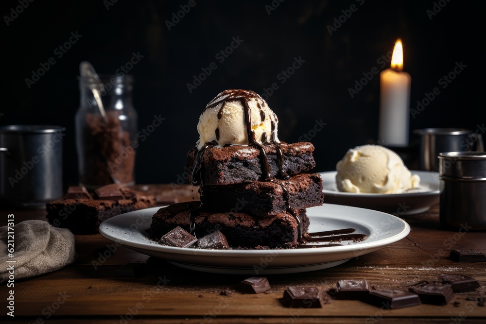 Chocolate brownie icecream table. Generate Ai