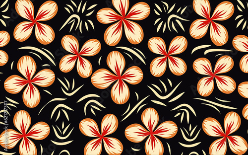 Hawaii. Fabric. Seamless pattern with tropical flowers on black background. Ornament tribal.
