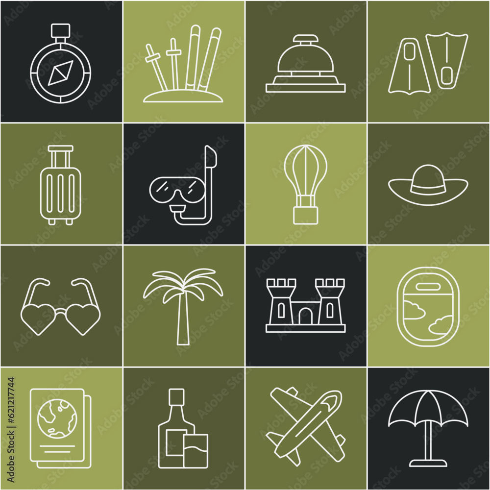 Set line Sun protective umbrella, Airplane window, Elegant women hat, Hotel service bell, Diving mask and snorkel, Suitcase, Compass and air balloon icon. Vector Set line Sun protective umbrella, Airplane window, Elegant women hat, Hotel service bell, Diving mask and snorkel, Suitcase, Compass and air balloon icon. Vector