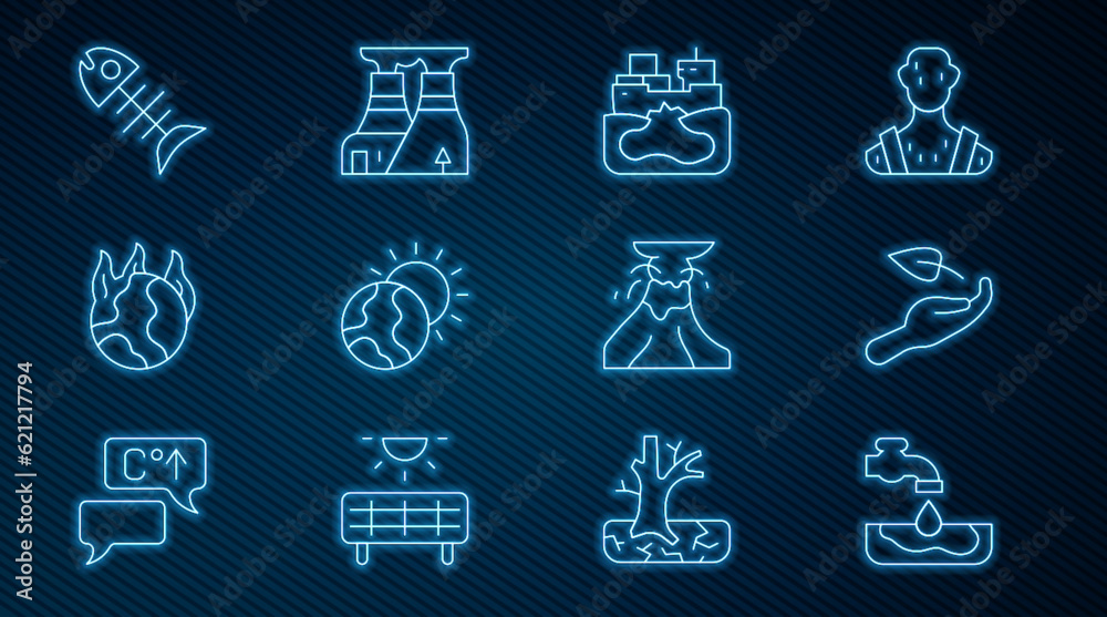 Set line Water problem, Sprout in hand, Wrecked oil tanker ship, Global warming, fire, Dead fish, Volcano eruption with lava and Nuclear power plant icon. Vector Set line Water problem, Sprout in hand, Wrecked oil tanker ship, Global warming, fire, Dead fish, Volcano eruption with lava and Nuclear power plant icon. Vector