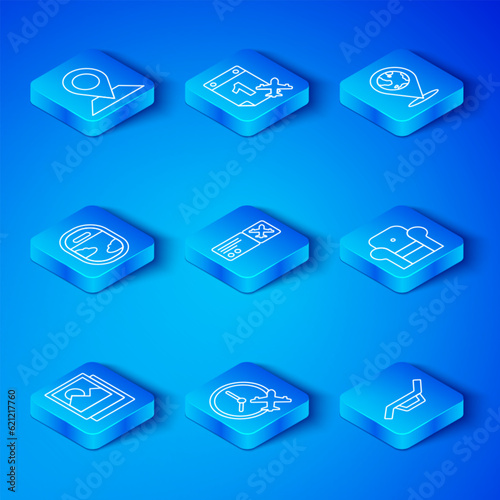 Set line Photo, Airline ticket, Clock with airplane, Armchair, Location on the globe, Airplane window, and Sunbed and umbrella icon. Vector