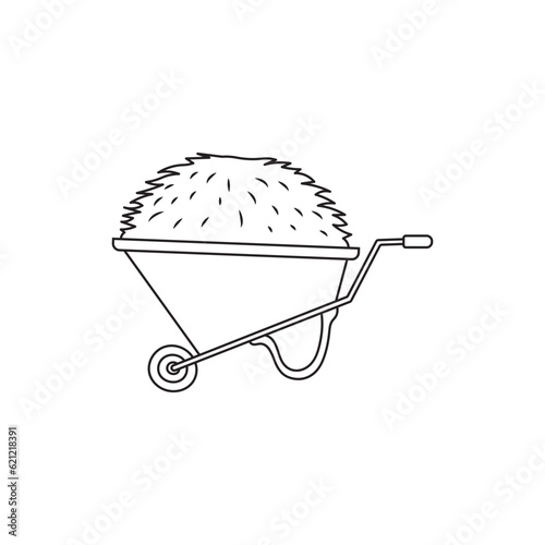 Hand drawn Kids drawing Cartoon Vector illustration cute Wheelbarrow full of hay farm dry grass icon Isolated on White Background