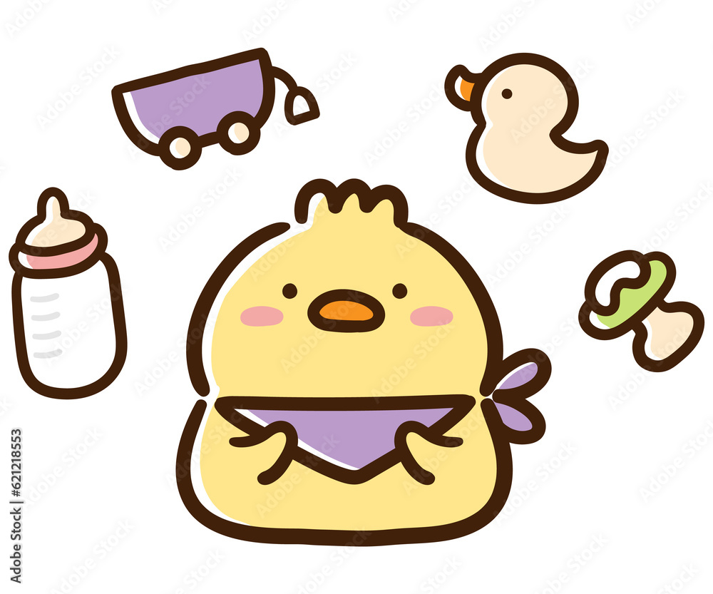 Φωτογραφία 赤ちゃん用品に囲まれたかわいいベビーひよこの手書きイラストセット