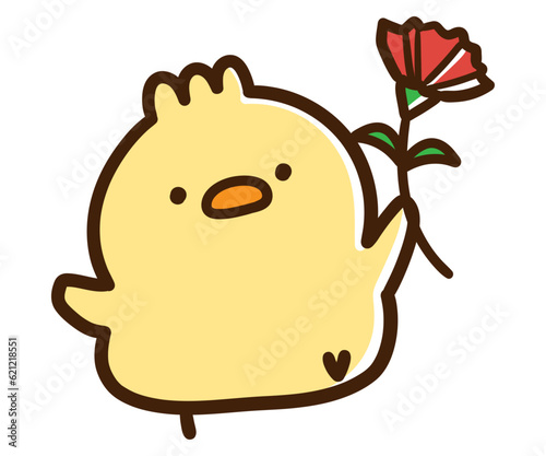 カーネーションを持って母の日を祝うかわいいひよこのキャラクターイラスト