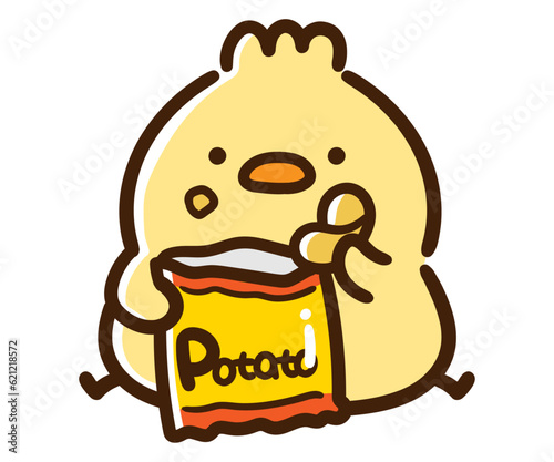 スナック菓子を食べるかわいいひよこのキャラクターの手書きイラスト