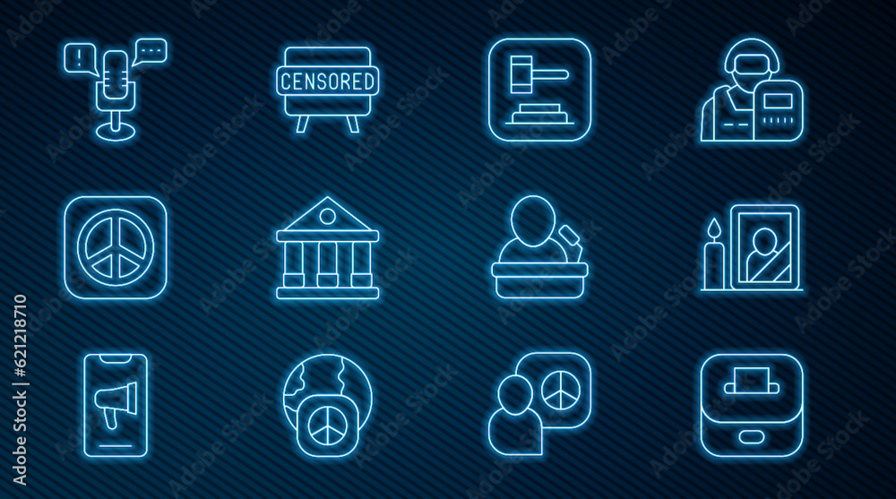 Set line Vote box, Mourning photo frame, Judge gavel, Courthouse building, Peace, Freedom of speech, Speaker and Censored stamp icon. Vector Set line Vote box, Mourning photo frame, Judge gavel, Courthouse building, Peace, Freedom of speech, Speaker and Censored stamp icon. Vector