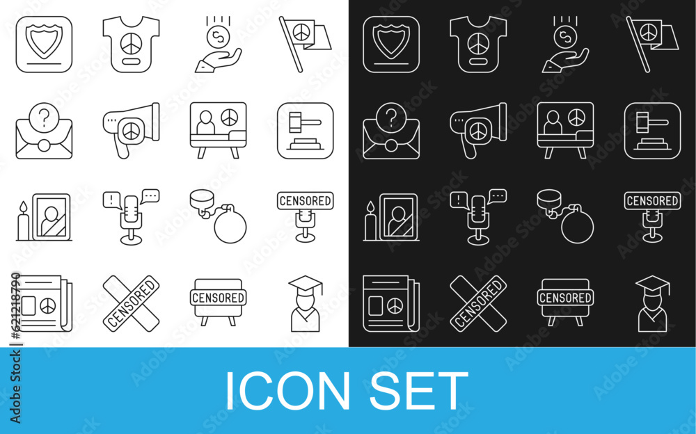 Set line Graduate and graduation cap, Censored stamp, Judge gavel, Coins hand - minimal wage, Peace, Envelope with question mark, Shield and icon. Vector
