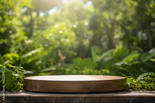 Wooden Round Podium Amidst a Forest Backdrop, Table for Product Display with a Tropical Jungle Blur Background