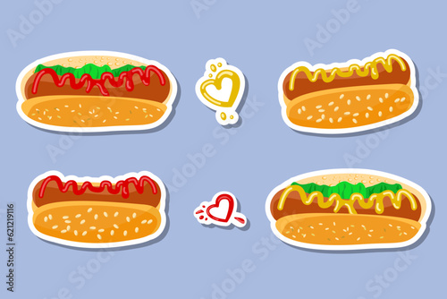 Vector illustration. Hot dogs with mustard or ketchup. Fast food. Cartoon style sticker with outline. Decorations for postcards, patches, prints for clothes, badges, posters, emblems, menus