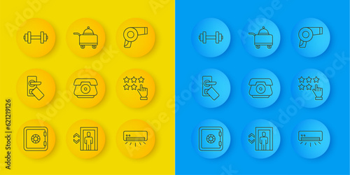 Set line Safe, Digital door lock, Telephone handset, Air conditioner, Stars rating, Dumbbell, Hair dryer and Covered with tray of food icon. Vector