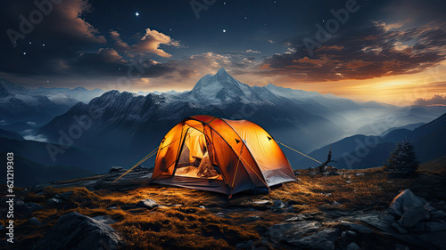 photorealism of Orange tent. Lying on a high mountain. In the night. Milky Way stars fill the sky. Banner with copy space. wide angle lens ambient light,ai generater.