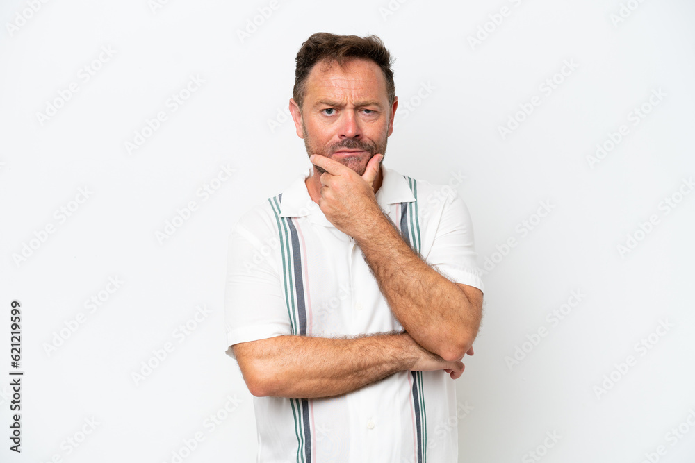 Middle age caucasian man isolated on white background having doubts Middle age caucasian man isolated on white background having doubts