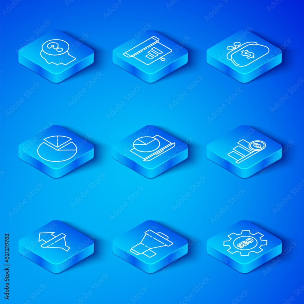Set line Sales funnel with arrows, Laptop graph chart, Megaphone, Pie infographic and dollar, Wallet, Human head question mark and Seo tag gear wheel icon. Vector Set line Sales funnel with arrows, Laptop graph chart, Megaphone, Pie infographic and dollar, Wallet, Human head question mark and Seo tag gear wheel icon. Vector