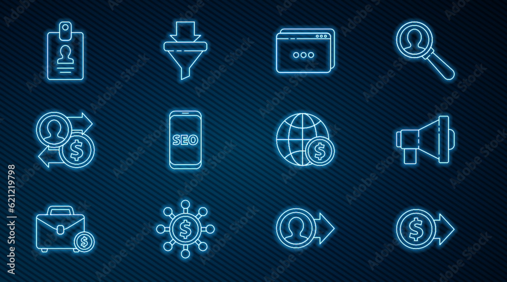 Set line Coin money with dollar, Megaphone, Website template, Mobile SEO optimization, Job promotion exchange, Identification badge, Earth globe and Sales funnel arrows icon. Vector Set line Coin money with dollar, Megaphone, Website template, Mobile SEO optimization, Job promotion exchange, Identification badge, Earth globe and Sales funnel arrows icon. Vector