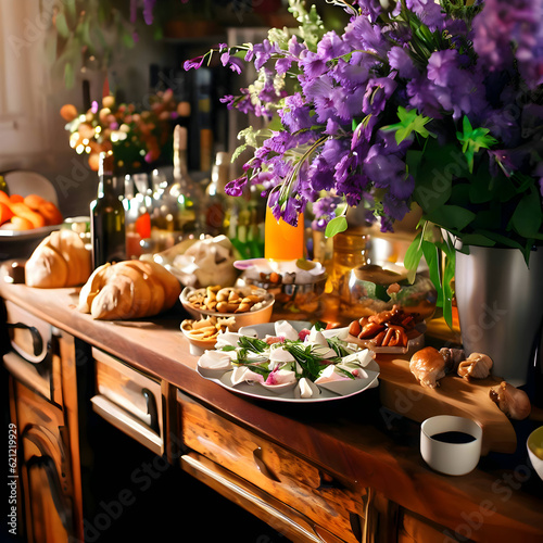 food and violet blossom on the kitchen bar