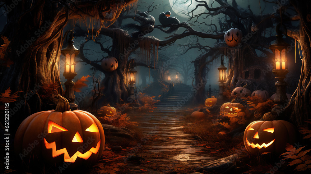 Pathway through a dense forest with Halloween spooky pumpkins and glowing lanterns. Generative Ai. Pathway through a dense forest with Halloween spooky pumpkins and glowing lanterns. Generative Ai.