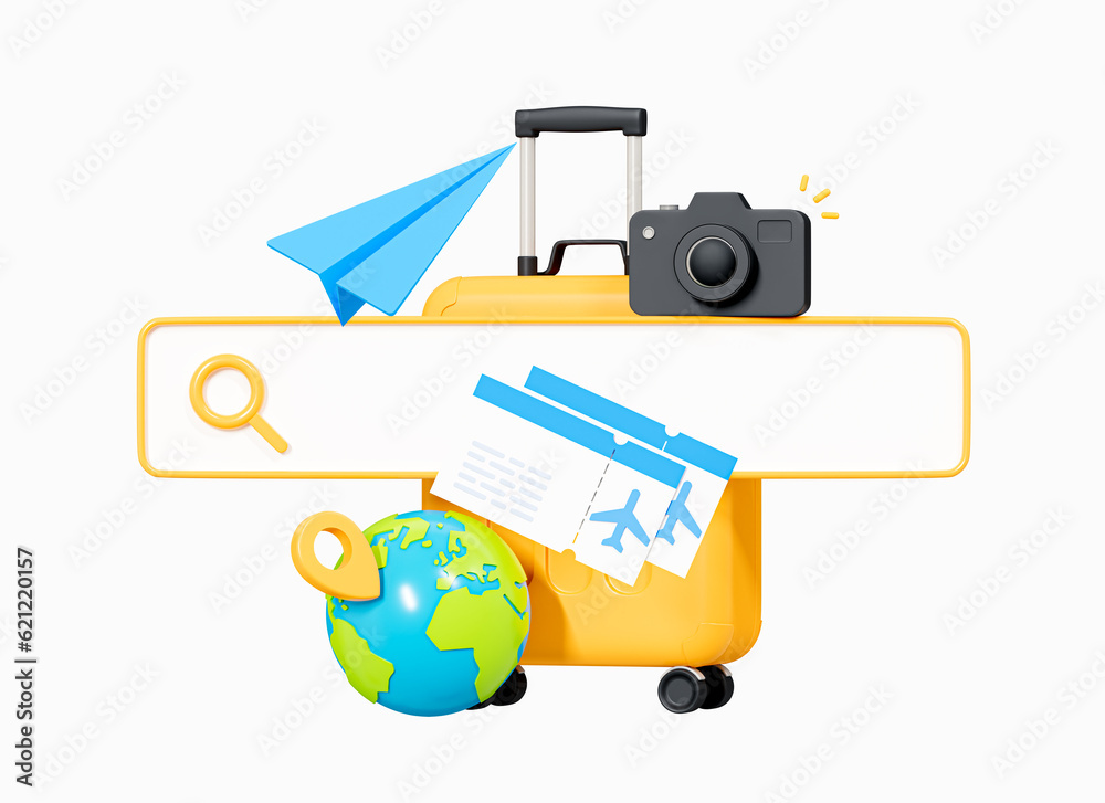 Naklejka premium 3D Online booking flight tickets and planning travel. Search bar with suitcase, camera, globe and paper airplane. Summer trip and weekend. Cartoon design illustration on white background. 3D Rendering