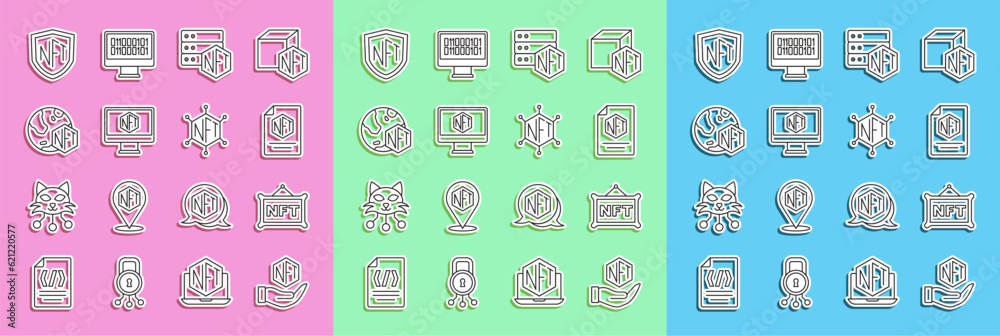 Set line NFT Digital crypto art, contract, blockchain technology, Monitor with store app, shield and icon. Vector Set line NFT Digital crypto art, contract, blockchain technology, Monitor with store app, shield and icon. Vector