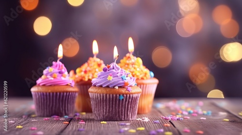 Generative AI. Happy birthday party concept  minimalistic background. Sweet cupcakes with multicolored icing  sweet cream and candles.