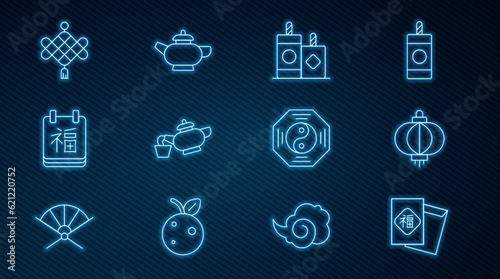 Set line Chinese New Year, paper lantern, Firework, tea ceremony, Yin Yang symbol and icon. Vector