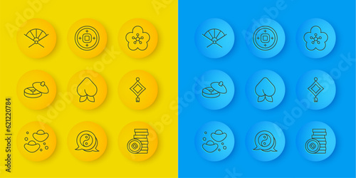 Set line Chinese fortune cookie, tea ceremony, Peach fruit nectarine, Yuan currency, paper lantern, Traditional fan, Lotus flower and icon. Vector