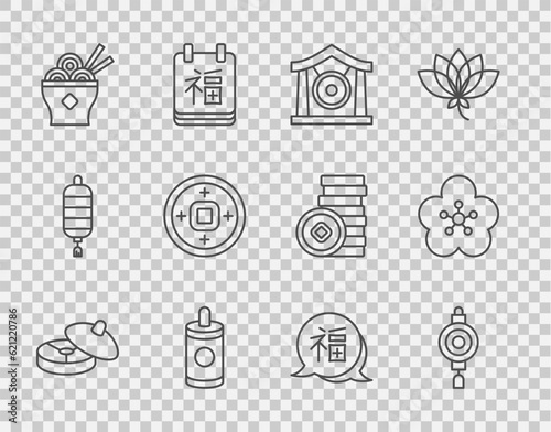 Set line Chinese tea ceremony, paper lantern, Gong musical instrument, Firework, Asian noodles bowl, Yuan currency, New Year and Lotus flower icon. Vector