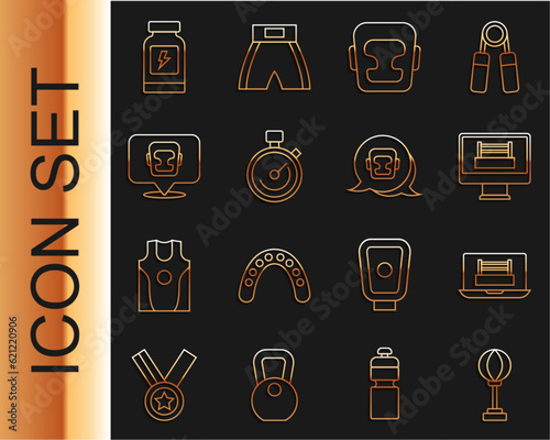 Set line Punching bag, Boxing ring, helmet, Stopwatch, Energy drink and icon. Vector
