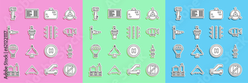 Wallpaper Mural Set line No cell phone, Rocket, Airship, Suitcase, Radar, Cone meteorology windsock wind vane, Aircraft steering helm and Airport runway icon. Vector Torontodigital.ca