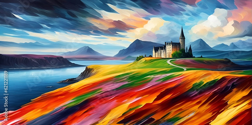 Scotland landscape painting. AI generated illustration