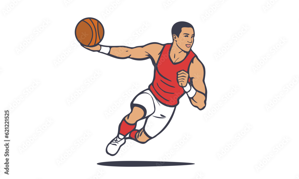Vector cartoon sportsman in a red jersey and white shorts plays basketball. In a jump passes or catches the ball. Men and games. Isolated background. Vector cartoon sportsman in a red jersey and white shorts plays basketball. In a jump passes or catches the ball. Men and games. Isolated background.