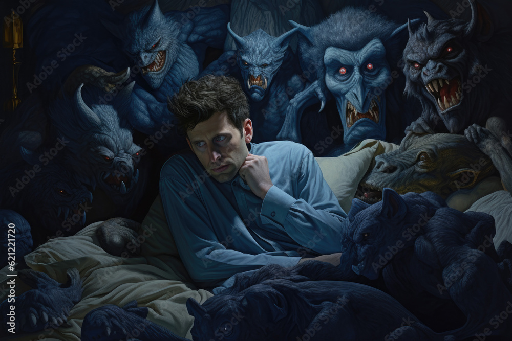 Nightmare's Embrace Man Struggling to Sleep Amidst Demons Battling