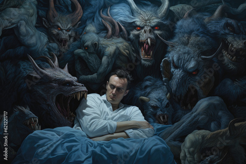 Sleep's Dark Tempest: Man's Struggle with Nightmares as Demons Surround His Bed - Navigating Troubled Sleep - Generative AI
