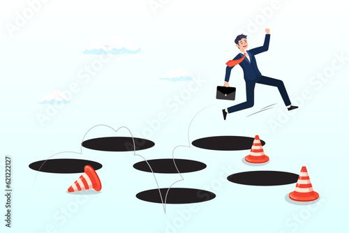 Smart businessman jump pass many pitfalls to achieve business success, avoid pitfall, adversity and brave to jump pass mistake or business failure, skill and creativity to solve problem (Vector) photo