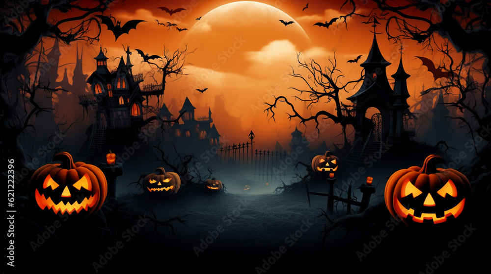 Festive halloween banner with pumpkins and dark glowing background. Generative AI