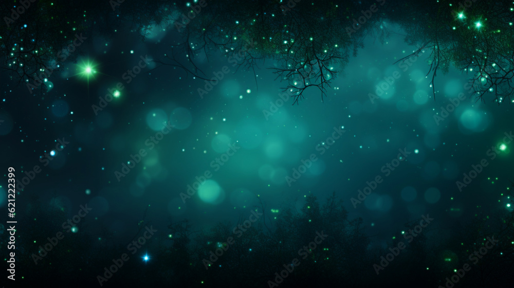 Dark shiny background. Night forest with glowing bokeh lights. Empty nature banner with copy space.  Generative AI