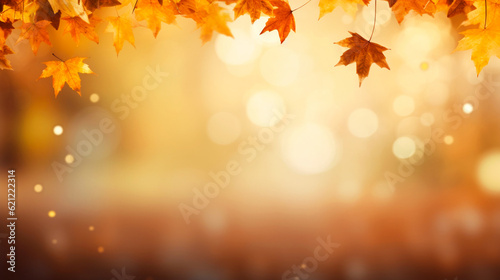  Autumn banner with orange leaves background and gold bokeh. Modern wallpaper  backdrop. Generative AI