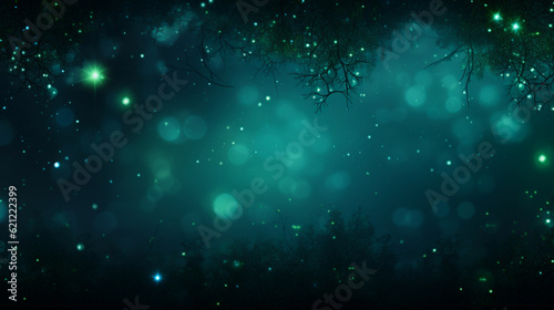 Dark shiny background. Night forest with glowing bokeh lights. Empty nature banner with copy space. Generative AI