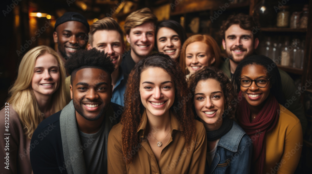 Obraz premium Portrait of smiling friends looking at camera in pub during coffee break. Generative AI.