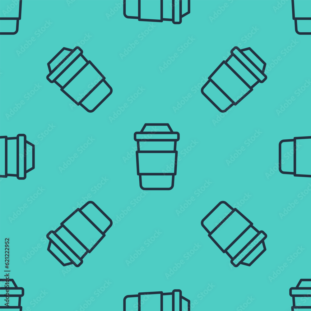 Black line Cup of tea icon isolated seamless pattern on green background. Vector Black line Cup of tea icon isolated seamless pattern on green background. Vector