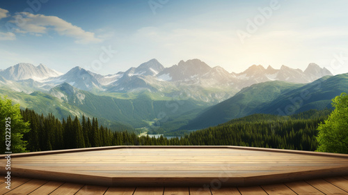 Wooden floor with view on mountains and green forest. Background with copy space. Organic natural podium or stage for product presentation. Generative AI