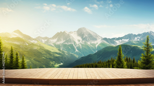 Wooden floor with view on mountains and green forest. Background with copy space. Organic natural podium or stage for product presentation. Generative AI