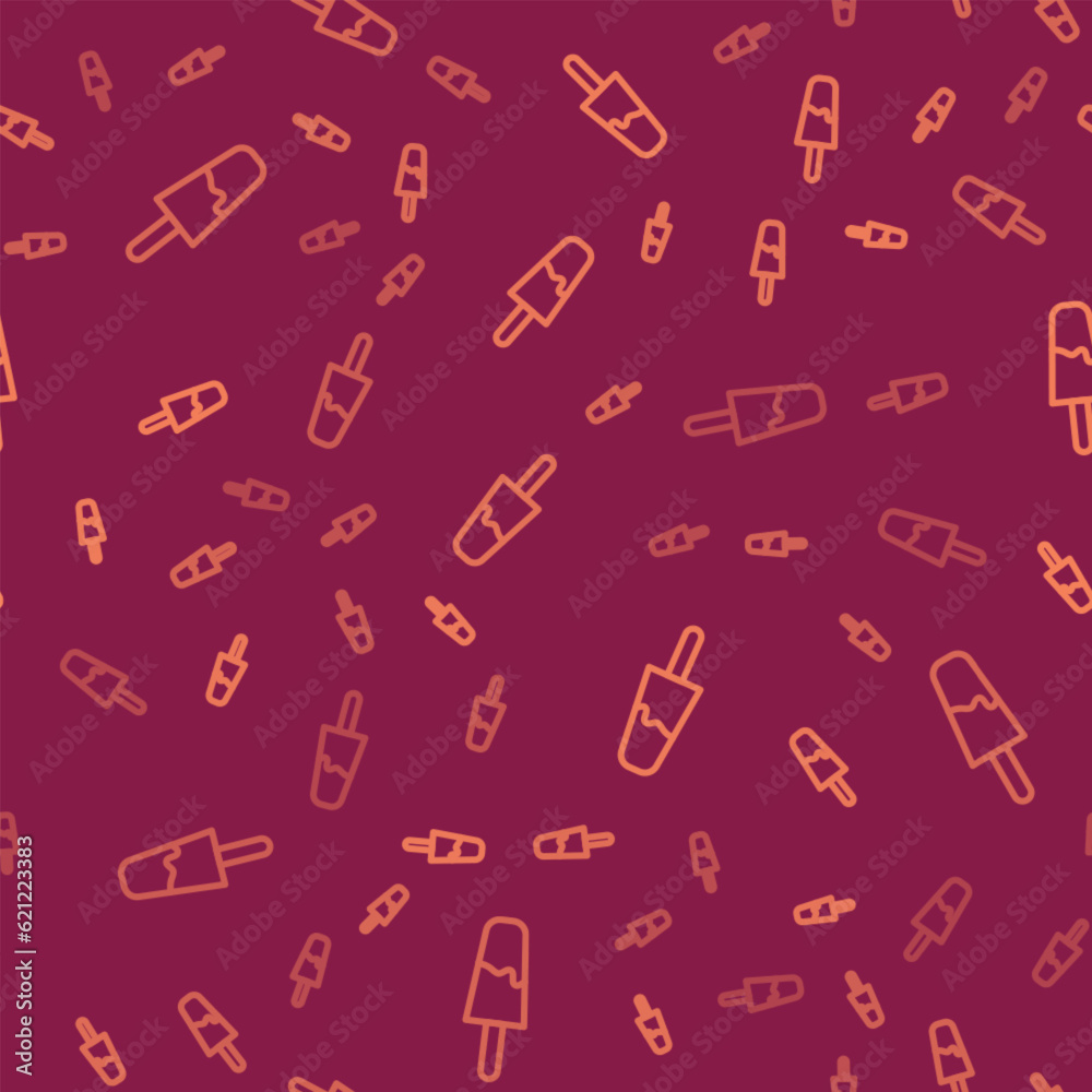 Brown line Ice cream icon isolated seamless pattern on red background. Sweet symbol. Vector