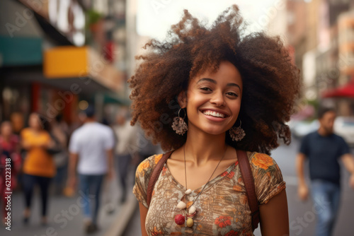 Close up of an African American woman smiling with a city scene background. Generative AI