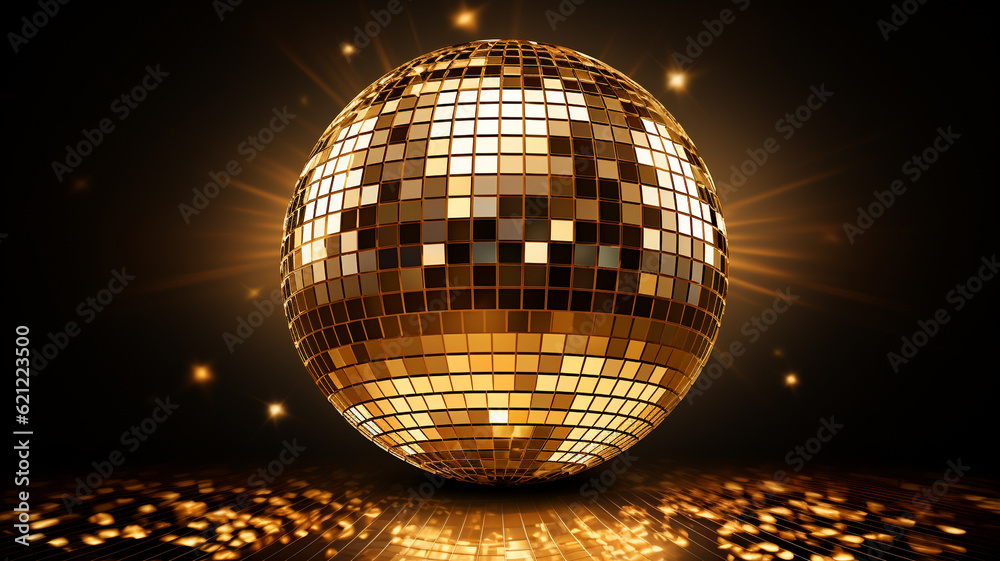 Obraz premium goldene Discokugel mit Lichtern und Lichteffekten. Querformat. Generative Ai.